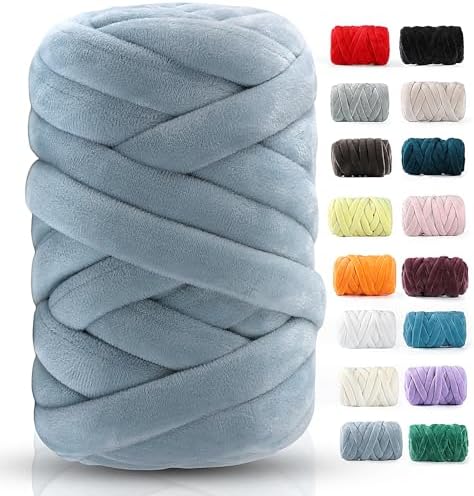 Chunky Yarn for Hand Knitting- Velvet Chenille Tube Yarns- Jumbo Yarns for Blankets, Pet Beds, Machine Washable (0.66 Lb/18.59 Yd), Easy No-Tool Arm Knitting & Crochet Project Yarn (Gray-Blue)