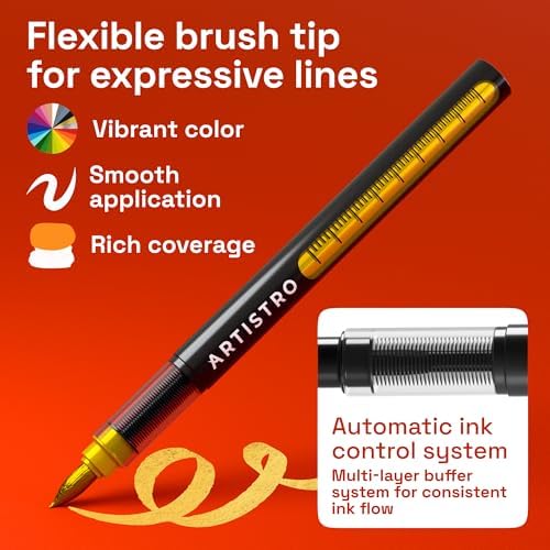 ARTISTRO 5 Gold Paint Pen for Rock, Glass, Ceramic, Wood, Tire, Fabric, Metal, Canvas, Marking, Painting - Set of 5 Acrylic Paint Markers Water-based - Brush Tip with Automatic Ink Control System