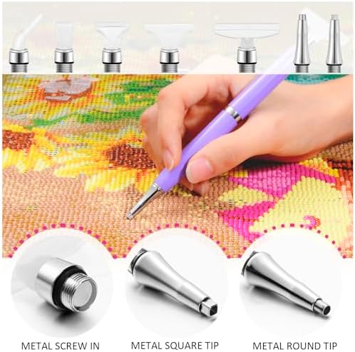 benote Diamond Art Pen Tools, 2 Sets Ergonomic Diamond Art Accessories Pens Metal Screw Thread Multi Placer Tips, Round and Square Drill Pen for Nail DIY Craft
