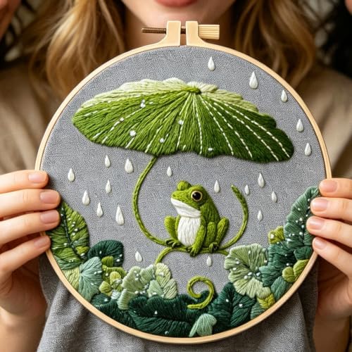 FONNUY Embroidery Kit for Beginners - Frog Under Lotus Leaf DIY Cross Stitch Set, Pre-Printed Fabric with 8’’ Hoop, Cute Rainy Day Art Craft for Adults, Home Decor & Handmade Gift (Green 03)