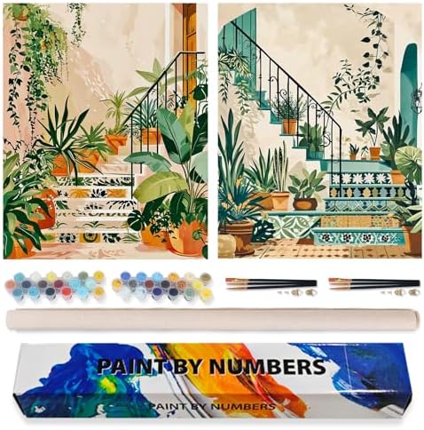 Possoco 2 Pack Paint by Numbers Kit for Adults Beginner, Boho Green Plant Adult Paint by Number Kits on Canvas, DIY Acrylic Number Painting for Adults for Home Wall Decor Gift 16x20 Inch