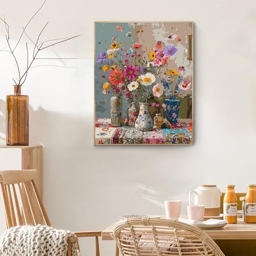 PRASIO Framed Paint by Numbers Kit for Adults Beginner, Vintage Flowers Adult Paint by Number Kits on Canvas Framed, DIY Acrylic Watercolor Oil Paint by Numbers with Frame for Home Decor 16x20 Inch