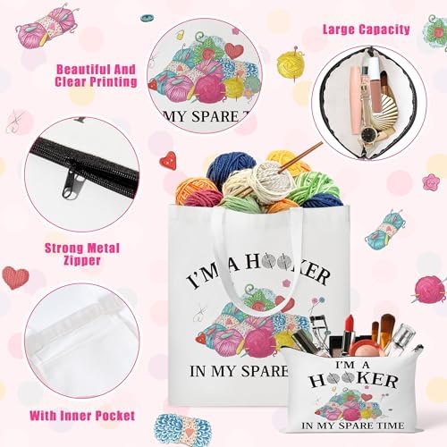 Y1tvei Crochet Canvas Tote Bag - 2Pcs Cosmetic Pouch Tote Bag Reusable Grocery Folding Shopping Bag for Crocheters Women