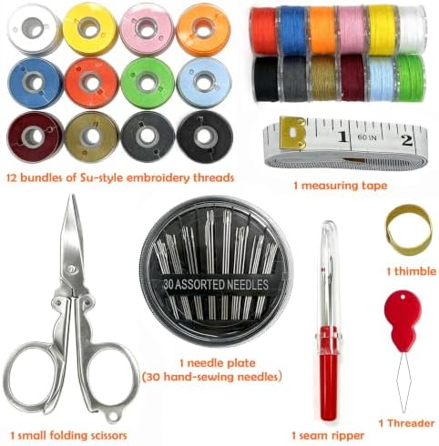 All Purpose Sewing kit-12 Bobbins Polyester Thread with Sewing Needle, Tape Measure, Scissors, top Needle, Thread Remover, Needle Threader