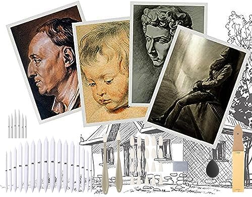 Cettkowns 47 Pieces Sketch Drawing Tools Set with Blending Stumps, Tortillions, Art Sketch Wipe Scrapers, Sketch Rubbing Sponge, Kneaded Eraser and Sandpaper Sharpeners