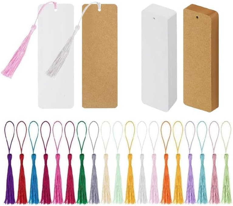 Blank Bookmarks to Decorate with 60Pcs Colorful Tassels, DIY White Cardstock Bookmarks Bulk,Craft Paper Book Marks for DIY Art Projects School Supply Gifts Tags 6.5x2.2 Inch