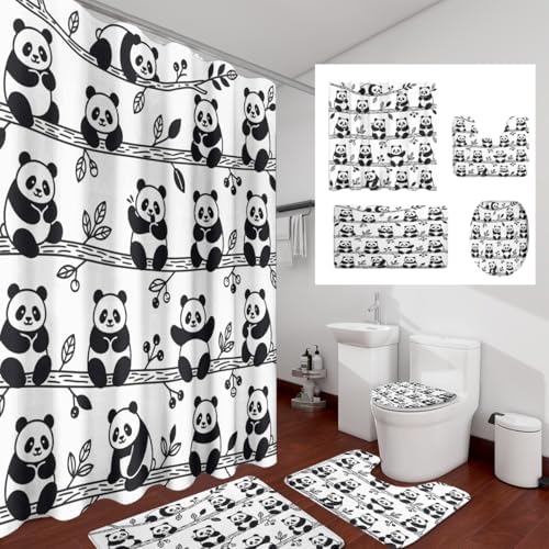 Abstract Kawii Baby Panda Shower Curtain Sets 4 Piece,Cartoon Spring Forest Bamboo Trees Bathroom Decor Sets with Rugs,Cute Animal Panda Bears Waterproof Toilet Lid Cover Bath Mat