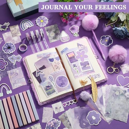 Janlaugh DIY Journal Diary with Lock Pack Scrapbook Kit, Purple, Plush | Stationery Diary Supplies, Scrapbook Supplies Art Crafts Kit for Birthday Holidays Ideal Gifts, Feather Bookmark Stickers
