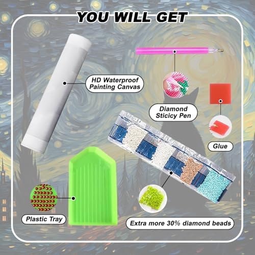 VeGuude Cat Diamond Art Kits for Adults-Starry Night Diamond Painting Kits for Adults Beginners, 5D DIY Full Drill Diamond Painting Cat Gem Art and Crafts Home Wall Decoration 14x14inch