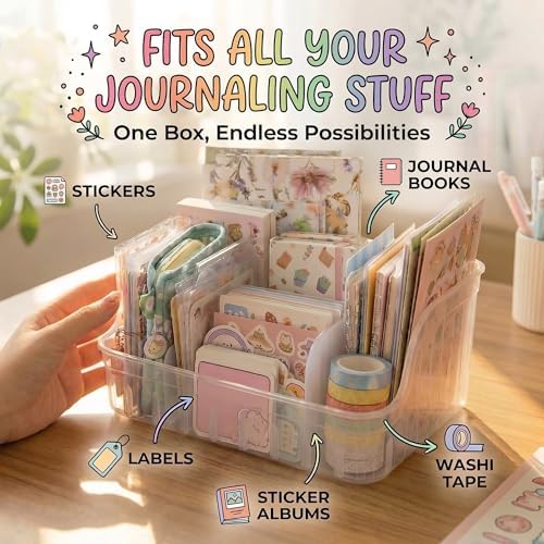 Clear Sticker Organizer Storage Box with Dividers, See All Your Stickers at a Glance, Craft Organizer and Storage for Washi Tape, Journal Supplies & Scrapbooking, Space Saving Sticker Display Holder
