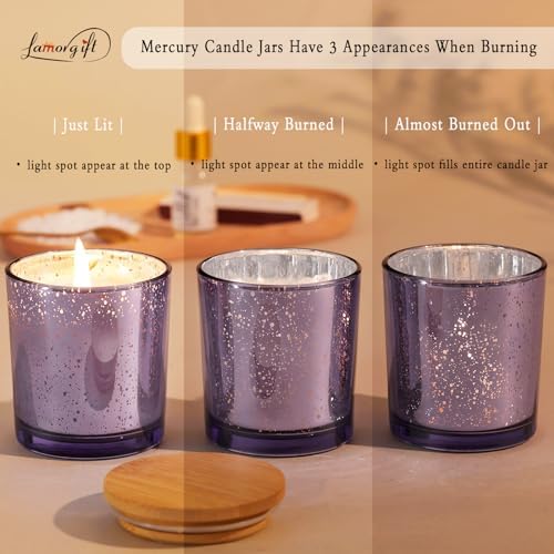 LAMORGIFT 15 Pack Glass Candle Making Jars with Lids (8oz, Purple) - Candle Containers for Making Candles - Mercury Glass Candle Jars Include 20 Pcs Candle Labels