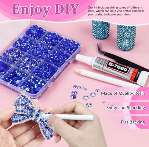 10000PCS Blue AB Rhinestones Bedazzling Gems 2/3/4/5/6MM Mix Sizes Resin Jelly Bedazzler Kit Flatback with Complete Tools for DIY, Nail, Art Craft for Girls Gift