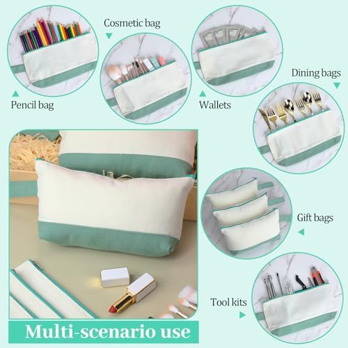 Silkfly 15 Pcs Cotton Canvas Makeup Bags Cosmetic Zipper Bags 10.2 x 5.5 x 2'' Blank DIY Pouch Bulk Pencil Case with Bottom Travel Toiletry Pouch for Women Craft Decor Gift (Beige and Green)