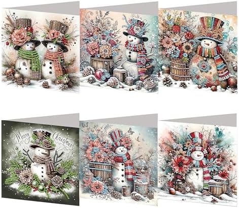 6 Pack 5D DIY Diamond Painting Christmas Snowman Greeting Card Kit, Diamond Art Birthday Holiday Greeting Card, Art Crafts Kit Creative with Envelope