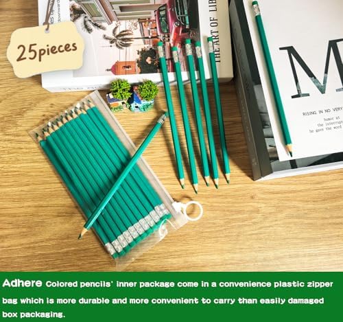 Adhere 25pcs Checking Pencils Erasable colored Pencils Pre-Sharpened #2 HB,for Checking Tests Grading,Map Coloring, editing Office Favors,including a Free sharpener. (Green)