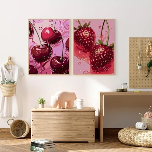 AIBOERL 2 Pack Diamond Art Kits for Adults,Retro Cherry Diamond Painting | Round Drill Fruit Diamond Painting for Beginners DIY Rhinestone 5D Diamond dots(Gemstone Craft)Wall Art Gift 12x16IN