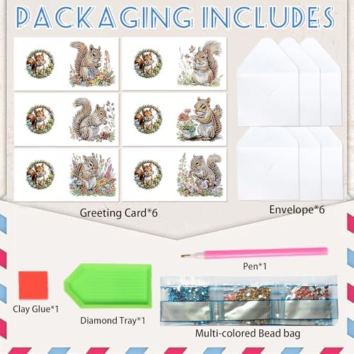 AiYuanzsh 6 Pack Diamond Painting Greeting Cards with Envelopes, DIY 5D Diamond Art Card Kit Featuring Cute Squirrels, 30x15cm Handmade Rhinestone Cards Crafts for Greetings and Seasonal Wishes