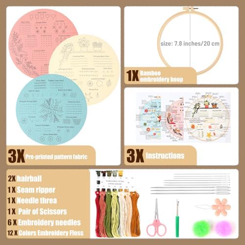 Beginner Embroidery Kit for Adults, 3 Pack Patterns with Video Guide