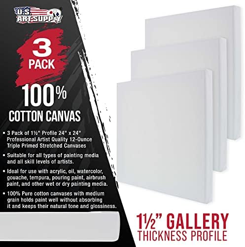 U.S. Art Supply 24"x24" Stretched Canvas for Painting, Gallery Depth 3-Pack | Large, 1-1/2" Thick - 12oz Acrylic Gesso Triple Primed, Professional Artist Quality, 100% Cotton - Oil, Pouring Paint