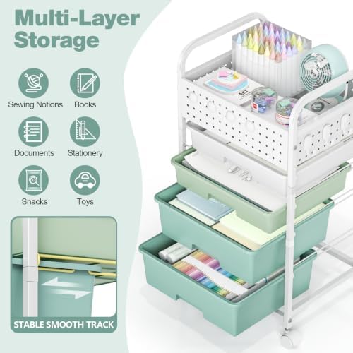 4 Drawer Rolling Storage Cart with Pegboard Top and Hooks, Gradient Green