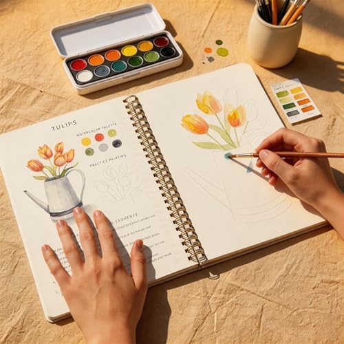 Watercolor Workbook for Beginners, 24 Colors Paint Kit with Floral Designs on Premium Paper, Watercolor Coloring Book for Adults Teens, Perfect Creativity Exploration Gift to Spark