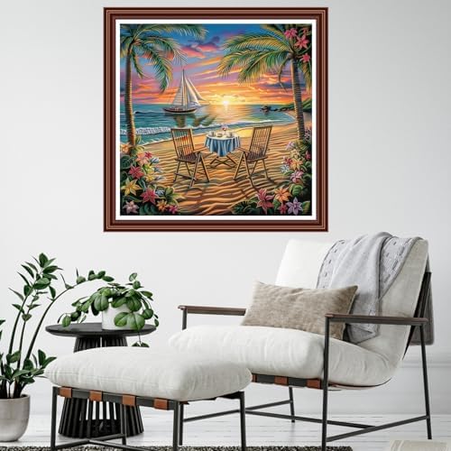 Dimensean Counted Cross Stitch Kit for Beginners, 11CT Unprinted Cross-Stitch Kit Easy Patterns Needlepoint Kit Cross Stitching Embroidery Kit Supplies-Drinking Tea on the Beach 18x18 inch