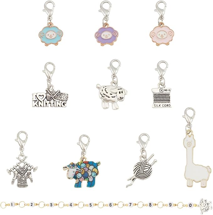 BENECREAT 11Pcs Sheep Theme Charm Stitch Marker, Knitting Counter Chain
