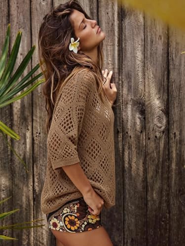 Womens Crochet Top Summer 3/4 Sleeve Cover Up V Neck Boho Tops