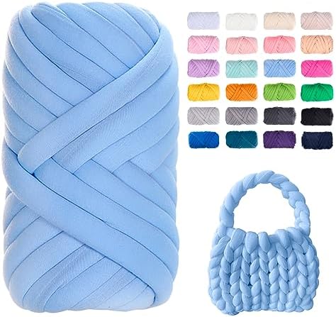 JeogYong Chunky Yarn for Hand Knitting, 0.55lb/10 Yards Arm Knitting Bulky Giant Tubular Yarn for Bags, Baskets, Pillows, Pet Nests, DIY Crafts (Light Blue)