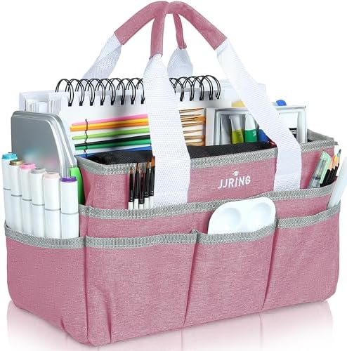 JJRING Craft Organizer Tote Bag Art Storage Caddy Pink | With Multiple Pockets For Sewing, Scrapbooking, School, Medical, And Office Supplies