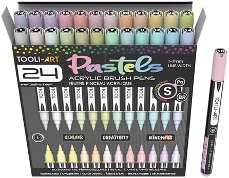 TOOLI-ART 24 Flexible Brush Tip Acrylic Paint Pens Markers Set 1-7mm Line for Rock Painting, Glass, Mugs, Wood, Metal, Canvas, Plastic. Non Toxic Waterbased Quick Drying Assorted Pastel