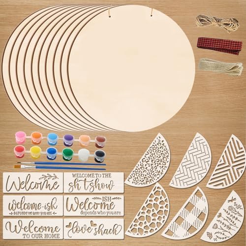 12 Inch Wood Circles for Crafts, 10Pcs Unfinished Wood Rounds with 12Pcs Welcome Stencils & Painting, DIY Wooden Crafts for Door Hanger, Wood Burning, Painting, Gifts for Independence Day Home Decor