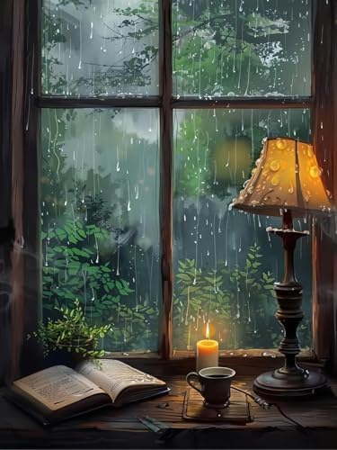 Rainy Windows Diamond Art Kits for Adults, Diamond Painting Kits for Adults for Beginners, DIY Diamond Dots Art Kits, 5D Full Round Drill Gem Art Painting Kits for Home Wall Decor, 12x16 inch