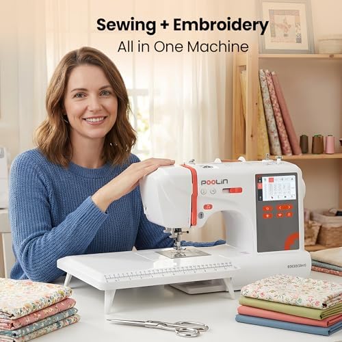 PooLin EOC03(2in1) Sewing and Embroidery Machine 4"x4" & 4"x9.25" Embroidery Size, 130 Built-in Designs 207 Sewing Stitches, 4.3" Touch Screen with WiFi Transfer, Includes Full Kits 1-on-1 Training