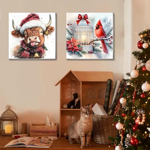 VIGEGU 4 Pack Christmas Paint by Numbers Kit for Adults with Framed,Cow Horse Deer Cardinal Lantern House Paint by Number DIY Adult Paint by Number Kits for Wall Decor 10x10in