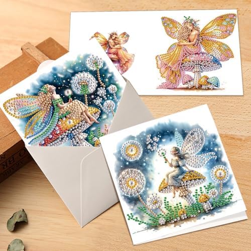 Tontut 6pcs Diamond Art Painting Kit Greeting Card, Genie on Mushroom 5D DIY Diamond Handmade Holiday Greeting Card with Envelope, Holiday Gift Congratulation