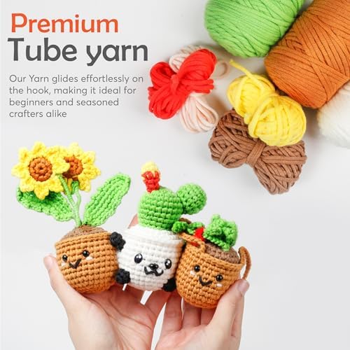 A-URA Learn to Crochet Kit for Beginners Kids and Adults, Premium 4 Animal Pattern Beginner Crochet Kits with Easy Tube Yarn & Step-by-Step Video Tutorials (Plants Crochet Kits)