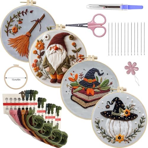 SCECALA 4 Pack Funny Halloween Embroidery Kit for Beginners