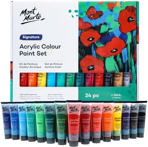 Mont Marte Acrylic Paint Set 24 Colours 36ml 2 PACK, Perfect for Canvas, Wood, Fabric, Leather, Cardboard, Paper, MDF and Crafts