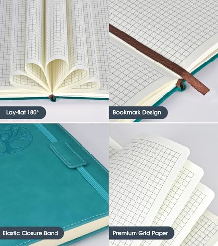 Biuwory A5 Hardcover Graph Paper Notebook, Grid Leather Journal for Writing | 140 Quad Ruled Grid Pages Vintage Diary, 5.7"×8.3" Travel Notebook for Work, School, Women & Men