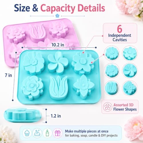 2 Pack 6 Cavity Tulip Flower Silicone Molds, Food Grade Flexible Reusable Molds Easy Release for Soap Bath Bomb Chocolate Candy Jelly Ice Cube, Microwave Freezer Dishwasher Safe