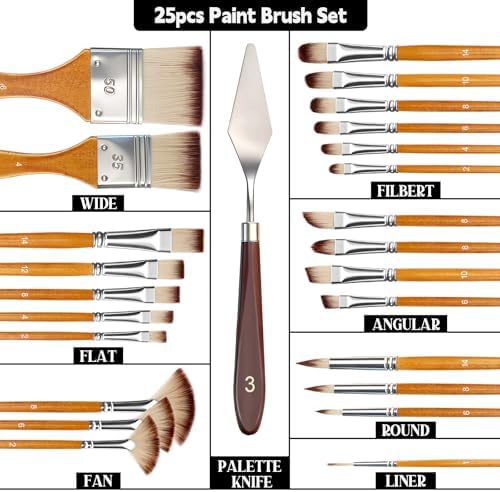 Halobios 25pcs Paint Brush Set, Professional Paint Brushes with Canvas Roll and Palette Knife, Acrylic Paintbrush Kit for Artist,Watercolor,Oil,Gouache