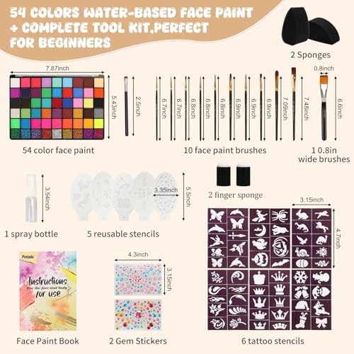 Pintada 54 Color Face Painting Kit for Kids - Non Toxic Water Based face paint Set with Brushes, Stencils, Gems & Sponges, - Safe for Sensitive Skin, Halloween, Birthday Parties, Cosplay & Festivals