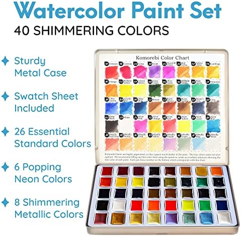 MozArt Japanese Watercolor Paint Set – 40 Colors Metallic & Neon Kit