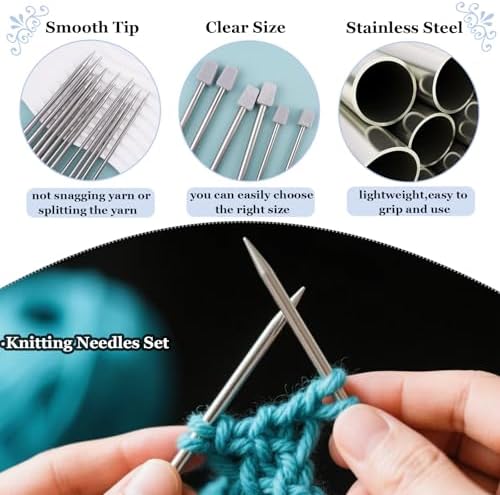 Hobekoee Knitting Needles Set,22Pcs 13.8" Straight Single Pointed Metal Knitting Needles Set and 10Pcs 40" Circular Knitting Needles Kit with Storage Bag for Beginners Knitting Lovers