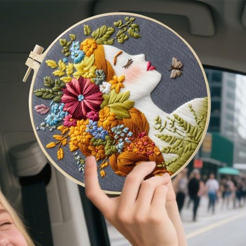 FONNUY Floral Women Embroidery Kit for Beginners, Colorful Long Hair Girl Pre-Stamped Pattern Kits for Adults with Hoop, Thread Needlework, 8'' Hoop (Gold)