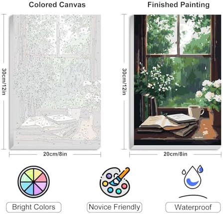 4 Pack Framed Paint by Numbers Kit for Adults Window View, Wooden Easel | With Frame, Book Lovers DIY Acrylic Painting, For Adults Beginner, Stress Relief Craft Kits, Home Wall Decor Gift, 8x12 IN