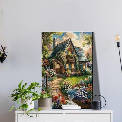 JOOZ Paint by Numbers Kit for Adults with Frame, Landscape Paint by Number Canvas, House Flowers Paint by Number with Easel, DIY Acrylic Oil Painting Kit for Home Wall Decor 8 x 12 Inch