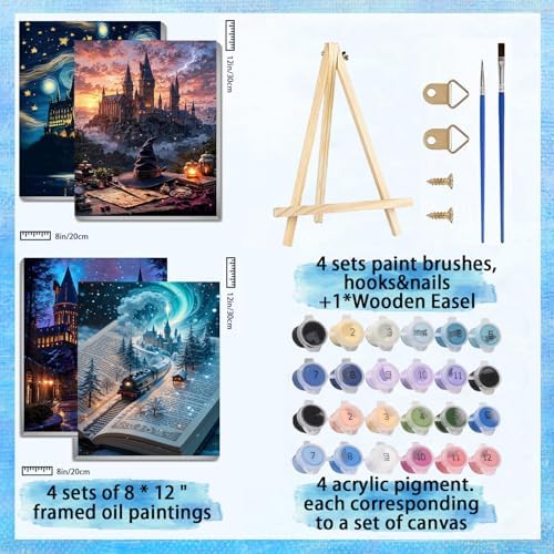 4 Pack Magic Castle Paint by Numbers Kit for Adults with Framed 8x12 inch