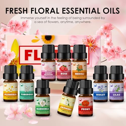 Floral Essential Oils, INWICOPH Flower Fragrance Oil for Candle Making - Rose, Jasmine, Gardenia, Lilac, Plumeria, Peony and More, Aromatherapy Oils for Diffusers for Home